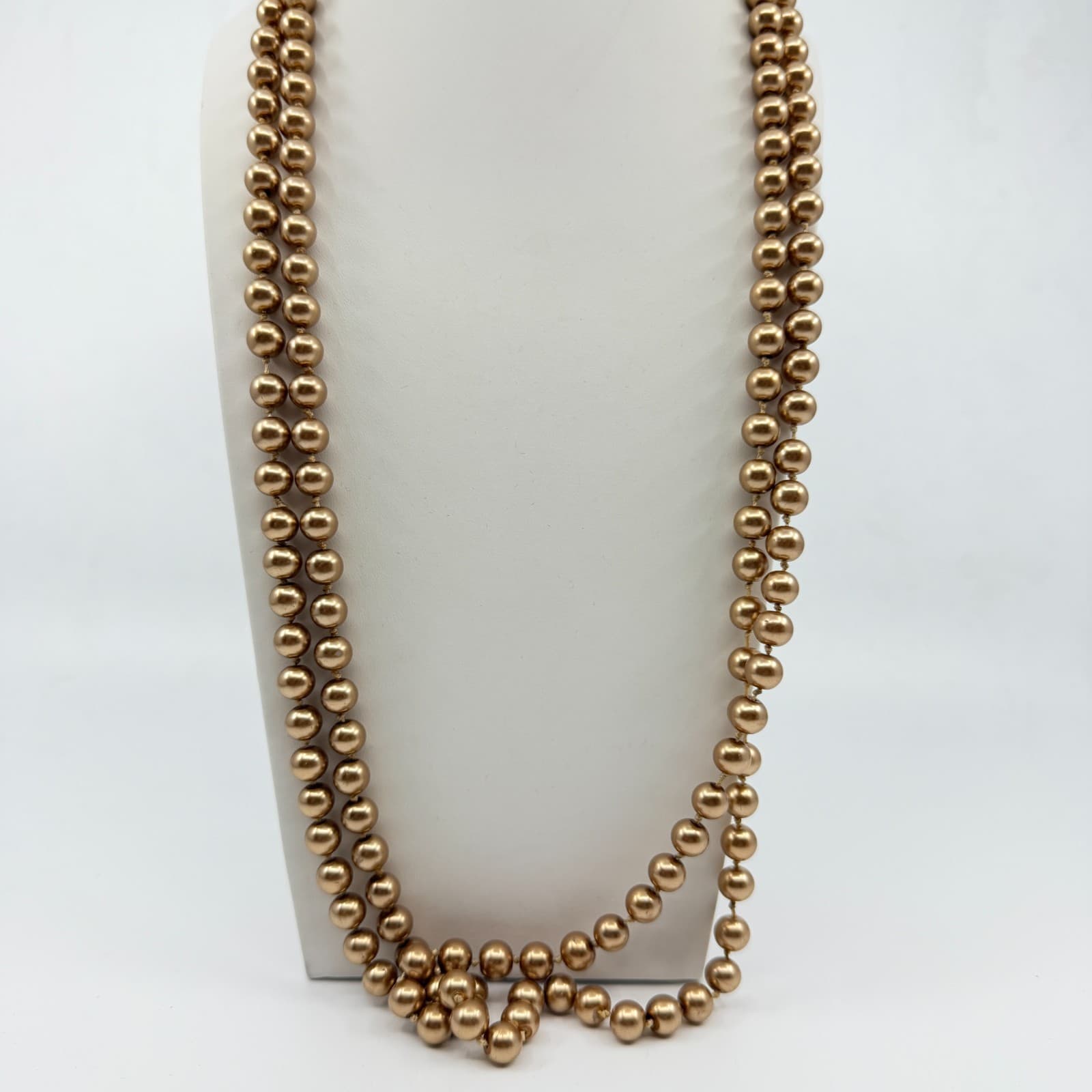 Vintage Champagne Gold Tone Faux Pearl Long Opera Strand Necklace Double Layer
