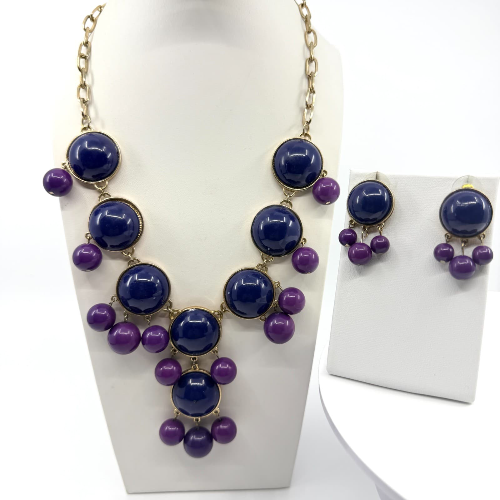 Vintage Gold Tone Purple Navy Blue Statement Necklace Earring Set Bold Chunky