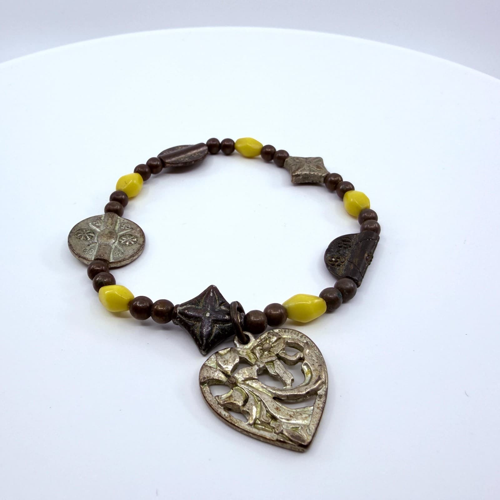 Vintage Silver Tone Heart Pendant Stretch Bracelet Yellow Boho Retro Statement
