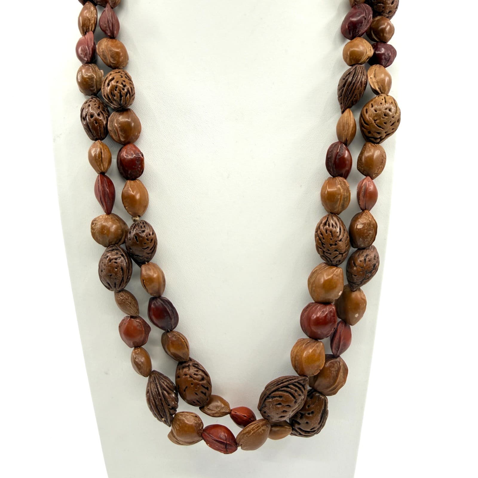 Vintage Natural Seed Nut Bead Necklace Multi Strand Earth Tone Boho Ethnic 90s