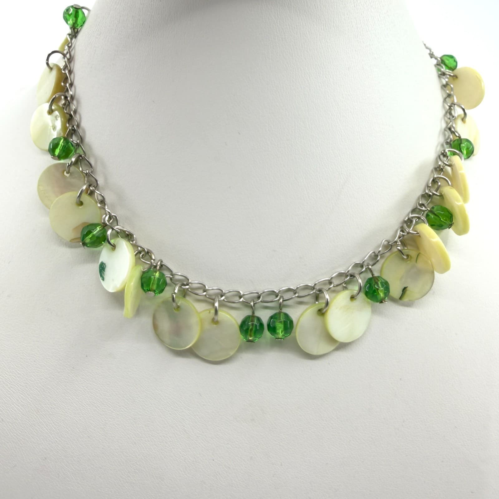 Vintage Silver Tone Iridescent Cream Disc Necklace Green Beaded Boho Beachy Y2K