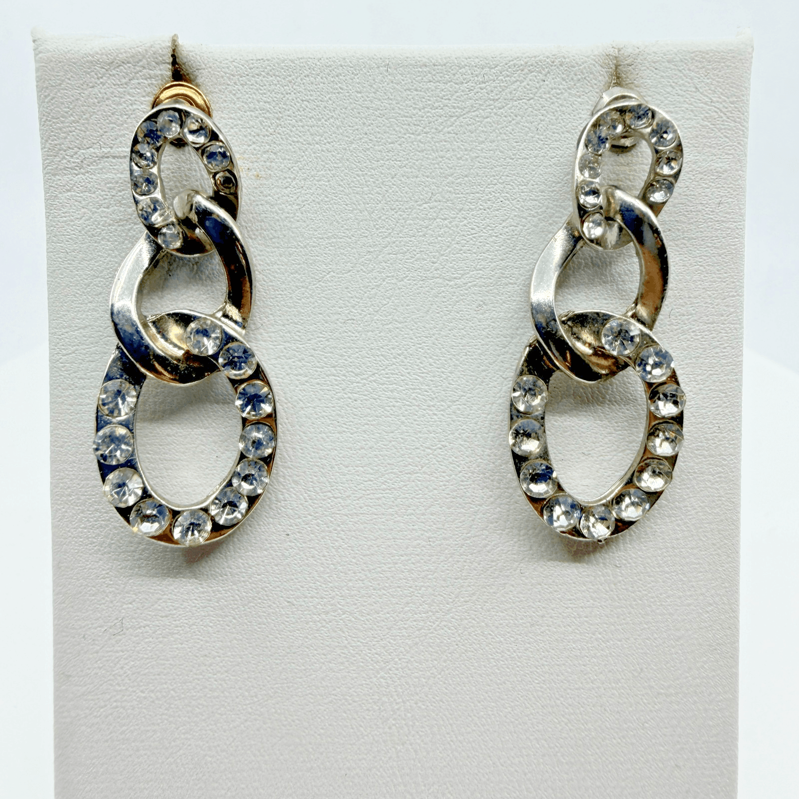Vintage Rhinestone Link Drop Earrings Silver Tone Clear Crystal Oval Dangle Y2K