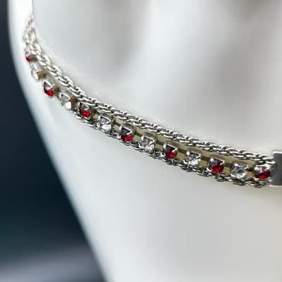 Vintage Ruby & Clear White Rhinestone Silver Bracelet Jewelry 7" Y2K 90s 2000s