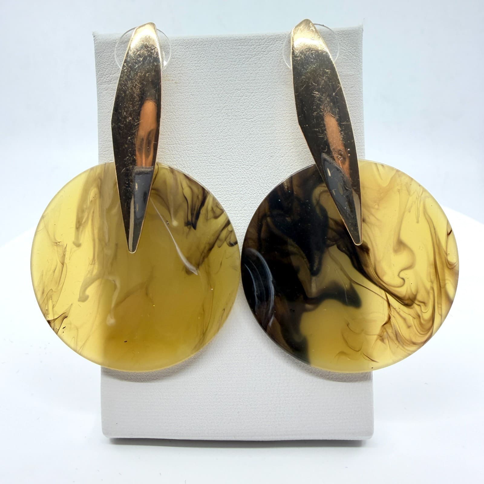 VTG Chunky Marbled Amber Dolor Resin Statement Hoop Earrings Gold Tone Abstract