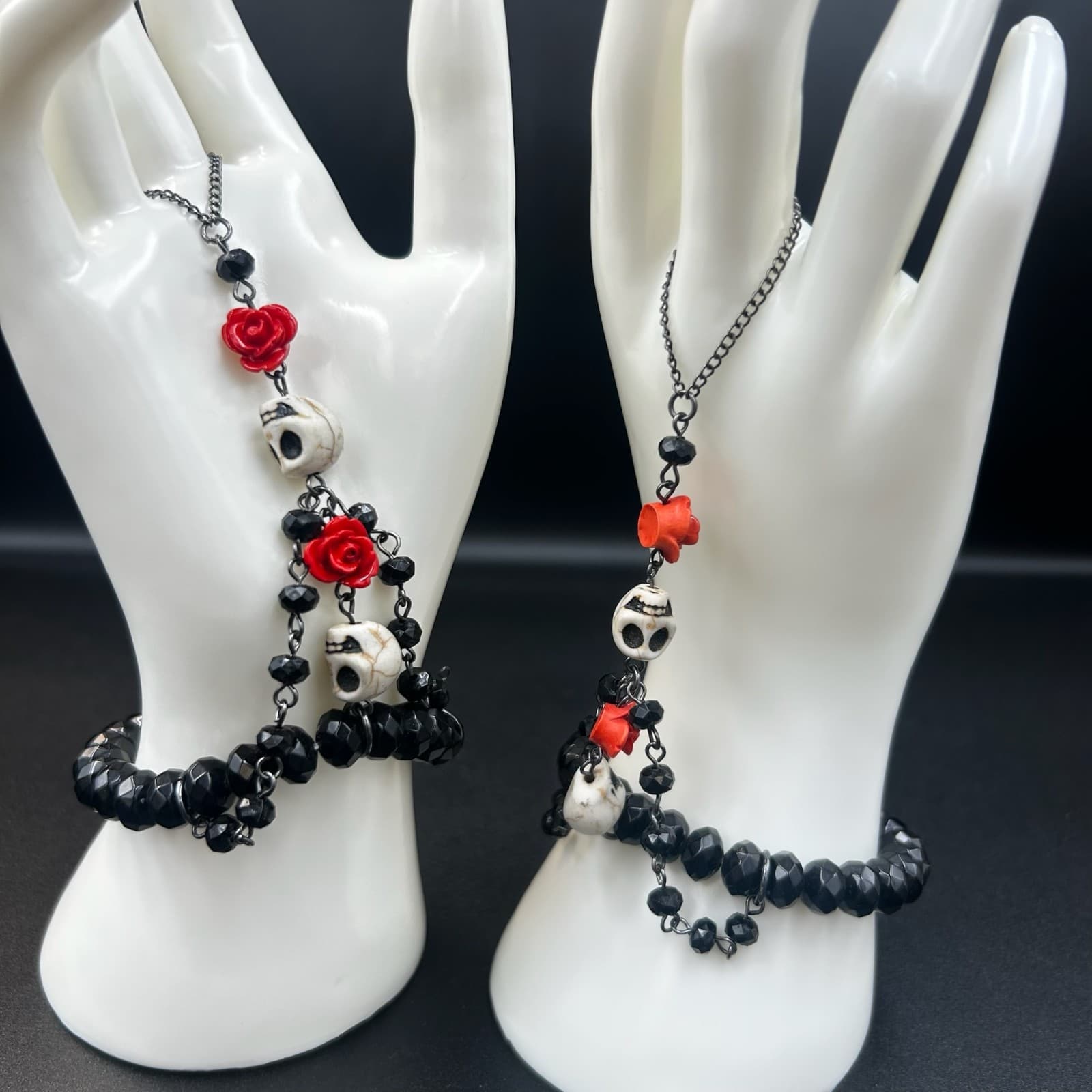 Vintage Day of the Dead Aesthetic Skull & Red Rose Hand Chain Bracelet 6.5"