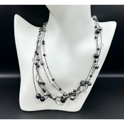 Vintage Glass & Crystal Beaded Multi-Strand Necklace Black & Clear Y2K 90s 2000s