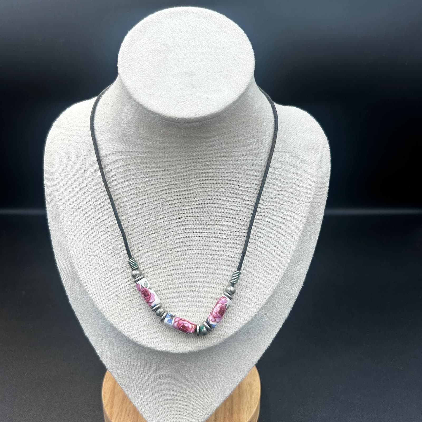Vintage 16" Floral Ceramic Bead Necklace Leather Cord Boho Artisan Style