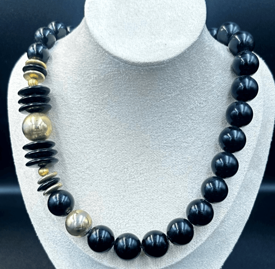 Vintage Gold and Black Onyx Tone Beaded Necklace Fashion Jewelry Disc & Oval 22"