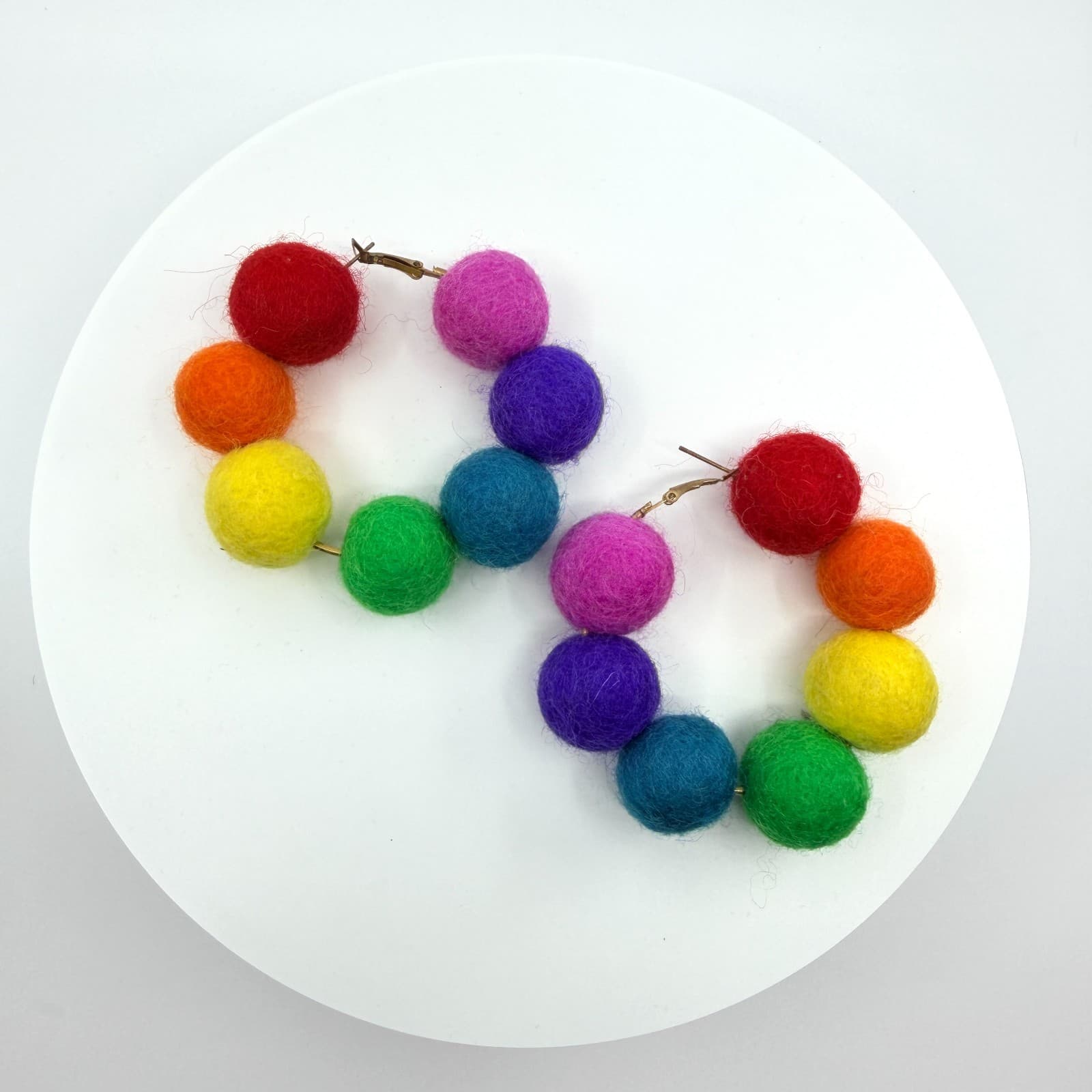 Vintage Retro Y2K Rainbow Felt Pom Pom Hoop Earrings Pride Statement Funky Large