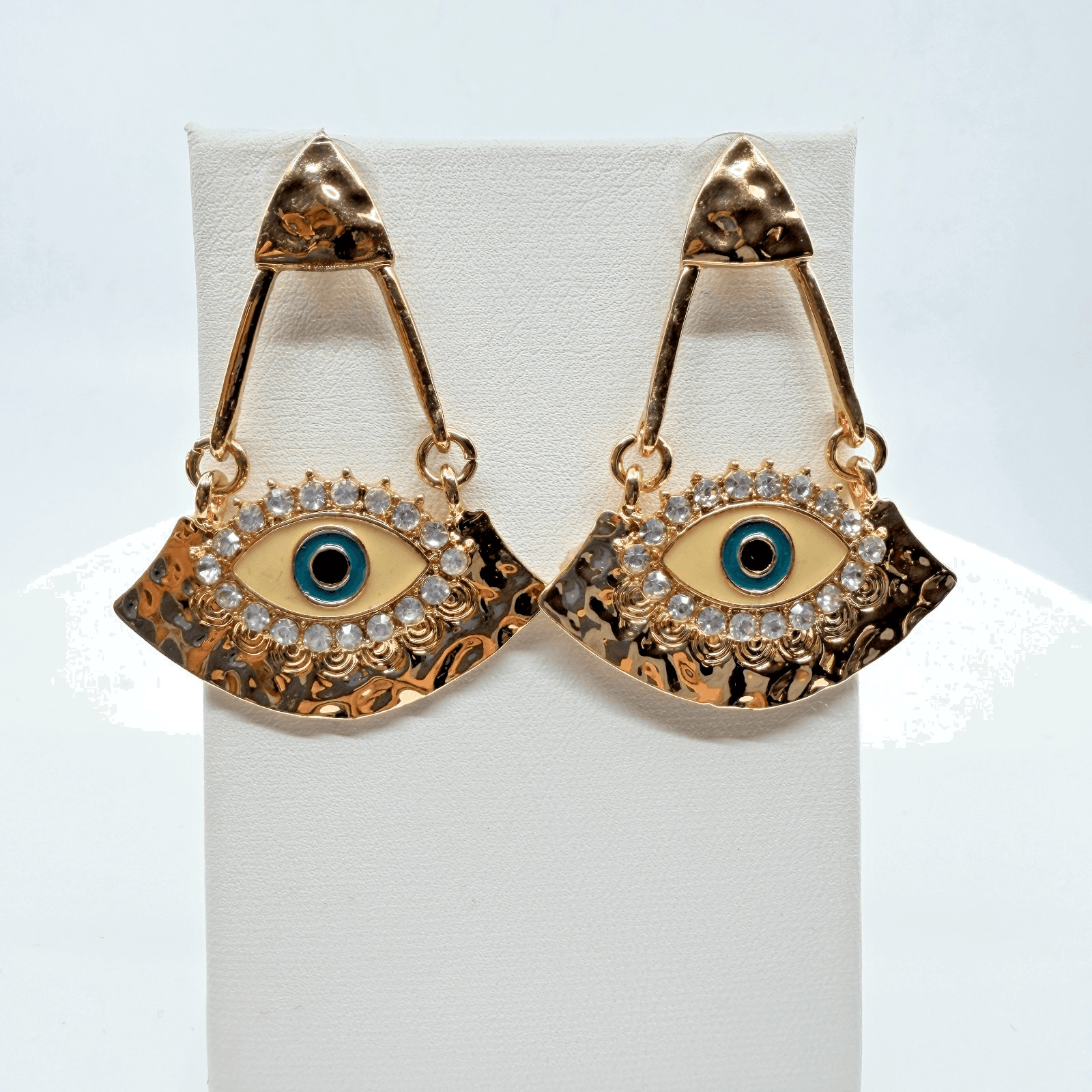Y2K Boho Gold Evil Eye Dangle Earrings Rhinestone Enamel Fan Drop Statement