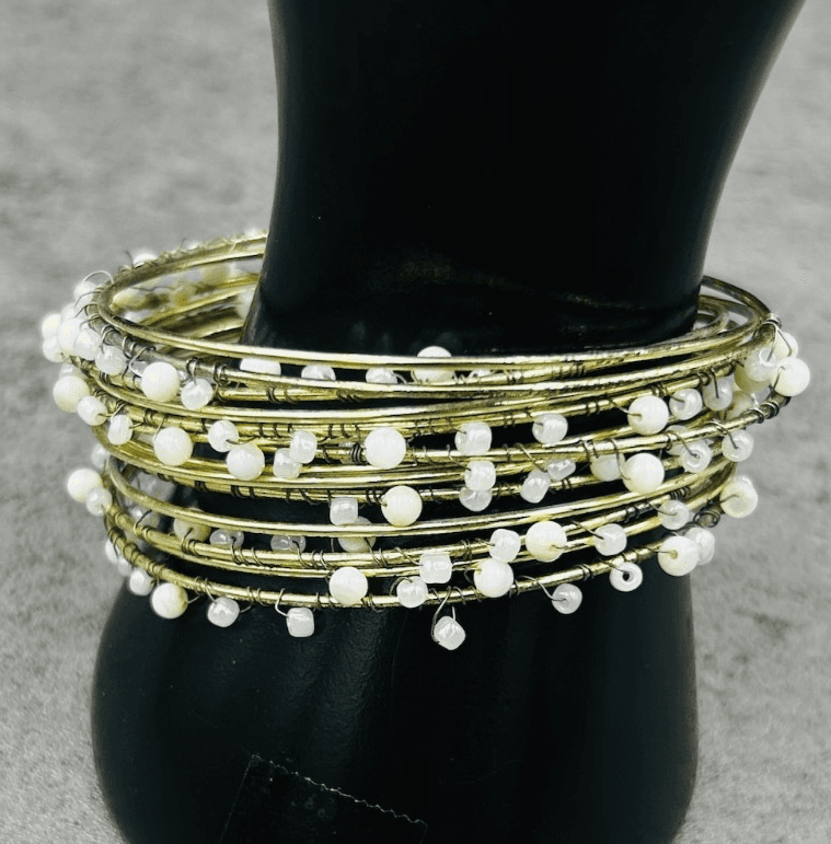 Vintage Gold-Tone Wire Bangle Bracelet White Bead Accents Boho Stacking Style