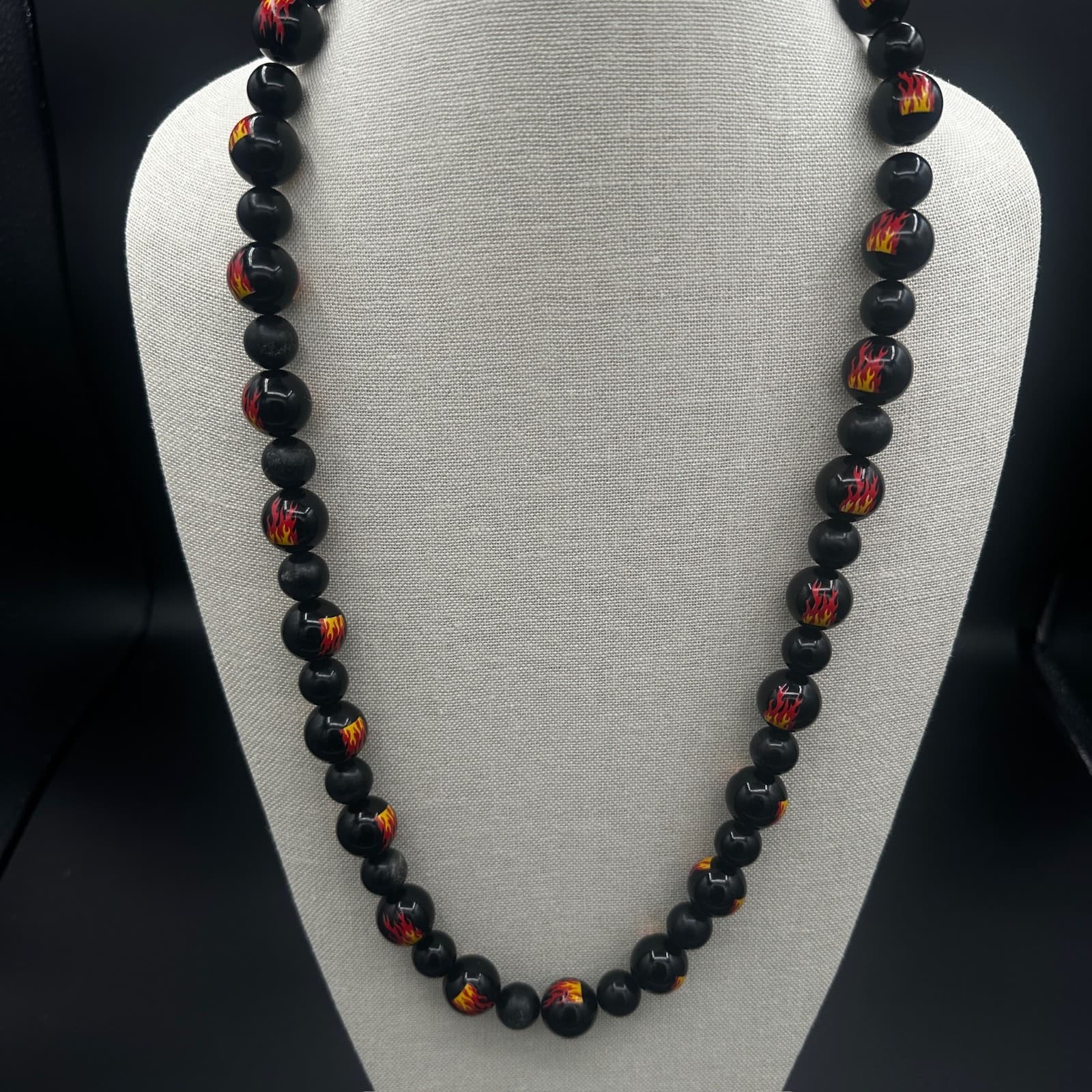 Vintage Handmade Black Flame Beaded Necklace Hot Rod Rockabilly Style Fashion