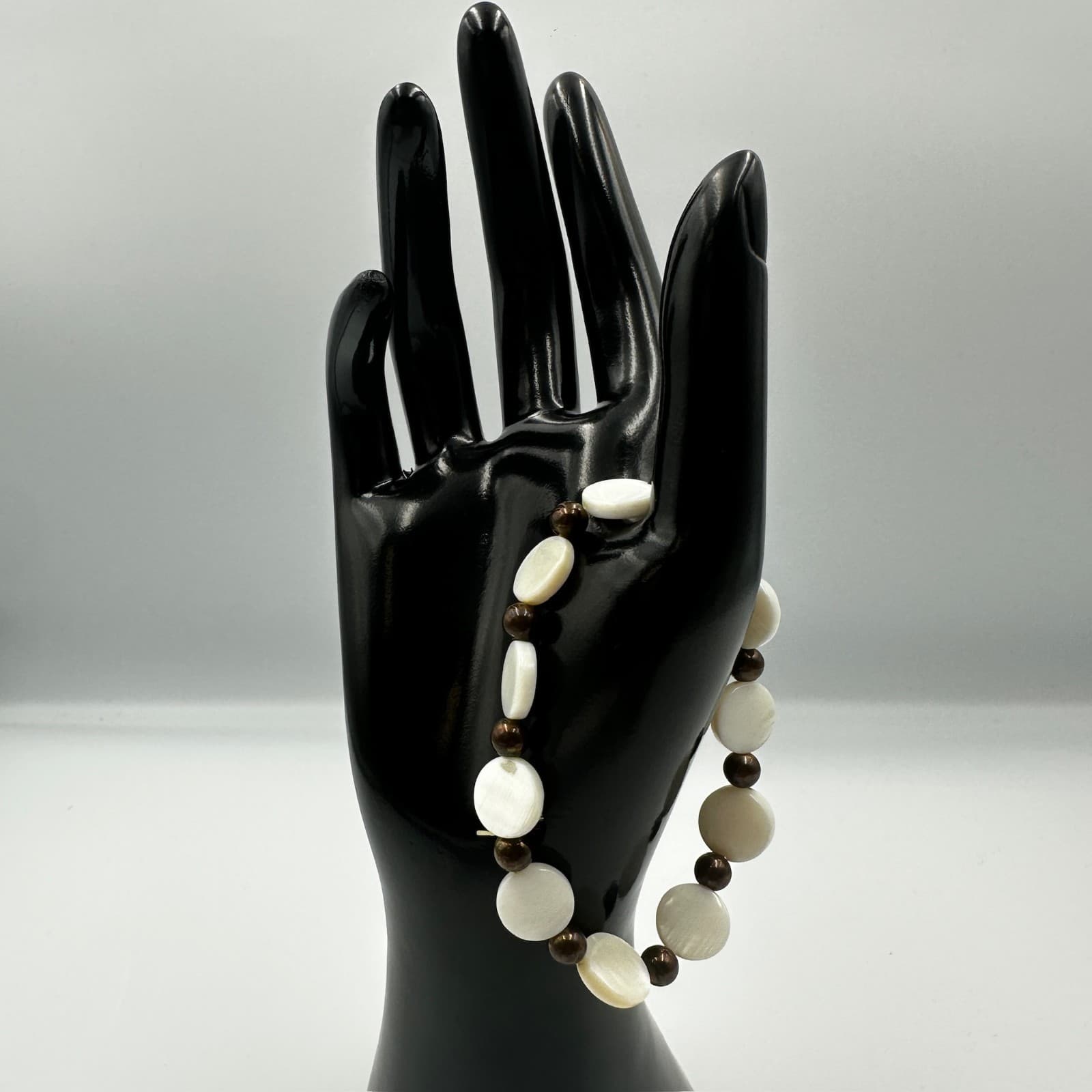 White Shell & Brown Bead Stretch Bracelet Beachy Boho Y2K