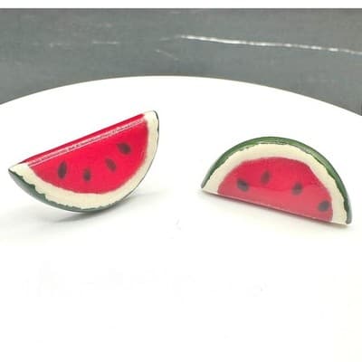 VTG Hand Painted Clay Watermelon Stud Earrings Fruit Food Resin Pop Art Fun
