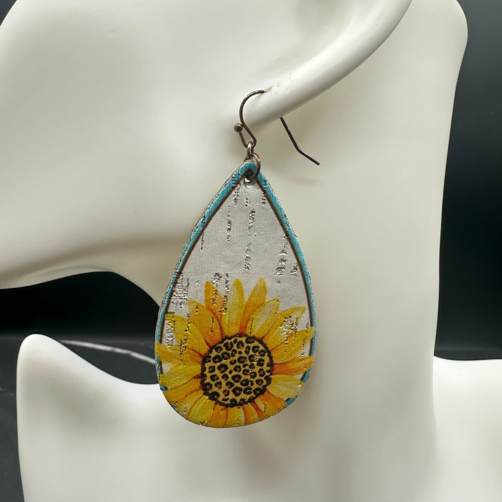 Sunflower Teardrop Dangle Earrings Wood Faux Leather Rustic Yellow Boho Country