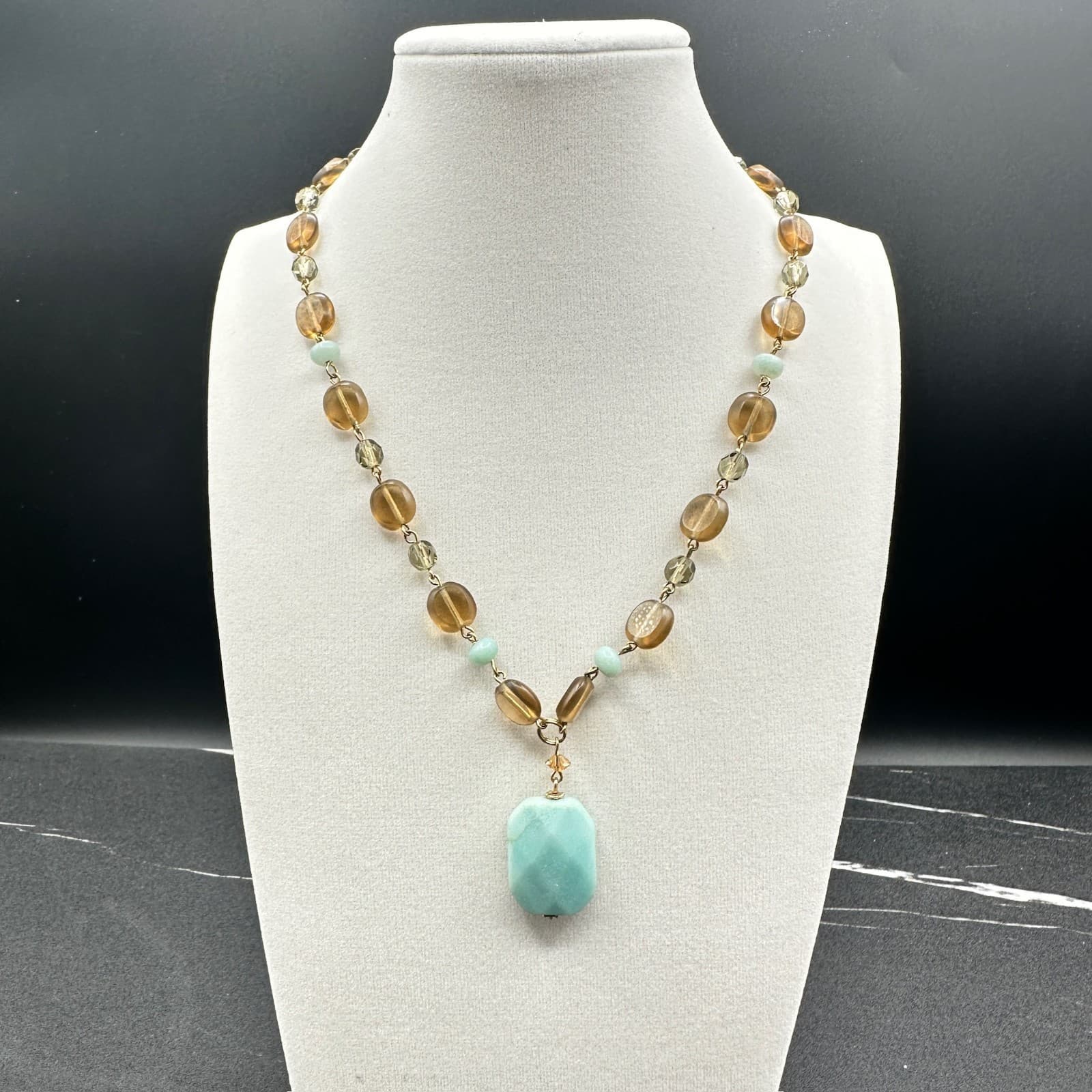 Vintage Lia Sophia Gold-Tone Classic Amber Smoky Quartz Beaded Pendant Choker
