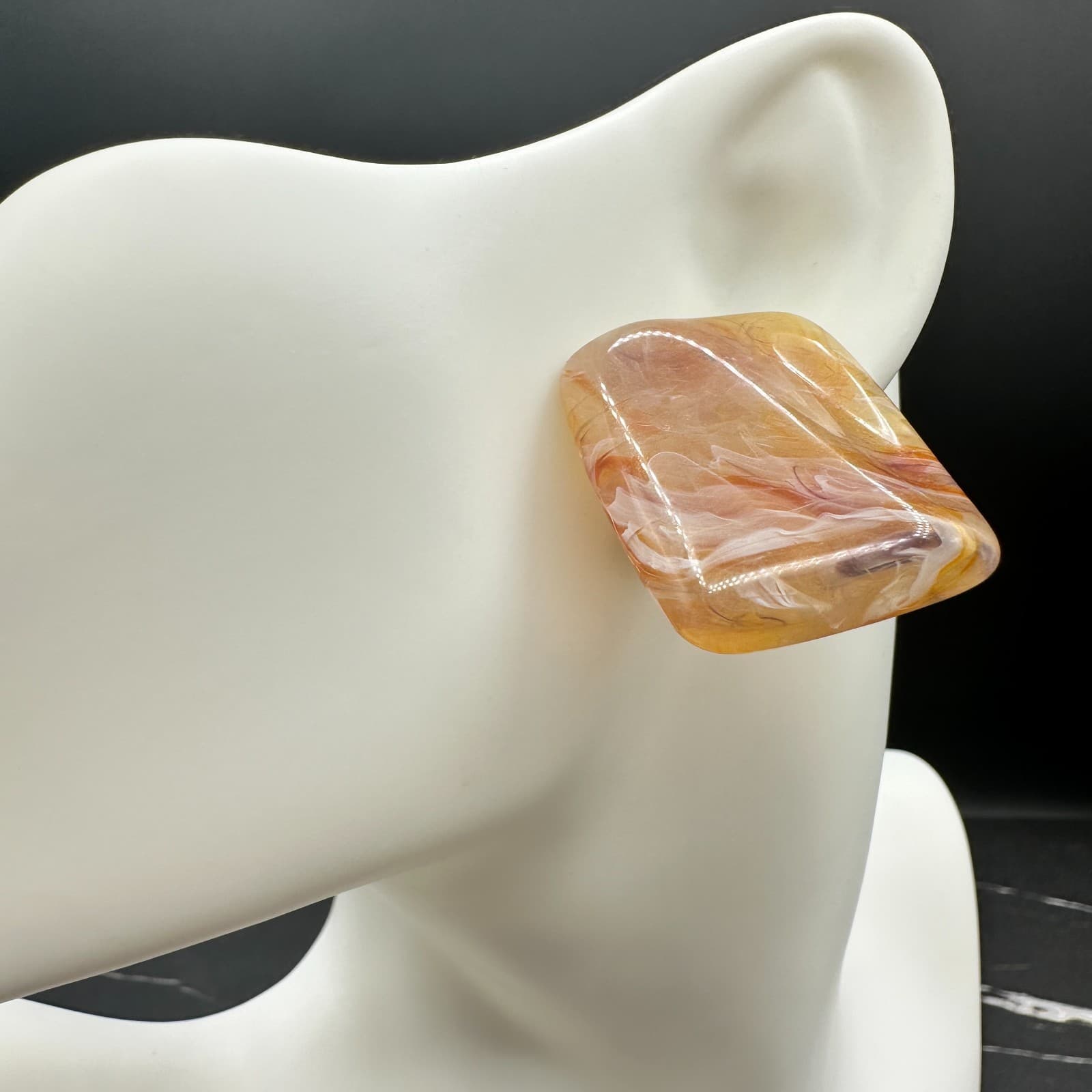 Vintage 90s Amber Peach Swirl Rectangle Stud Earrings Women's Classic Jewelry