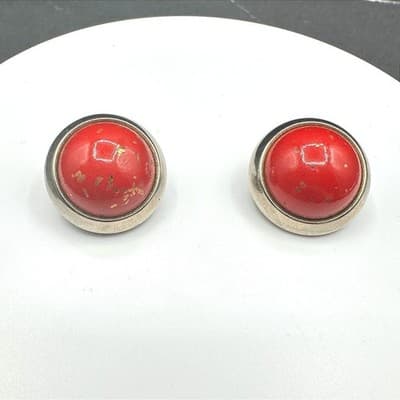 Vintage Gold-Tone Classic Red Dome Cabochon Red Coral Stud Clip-On Earrings