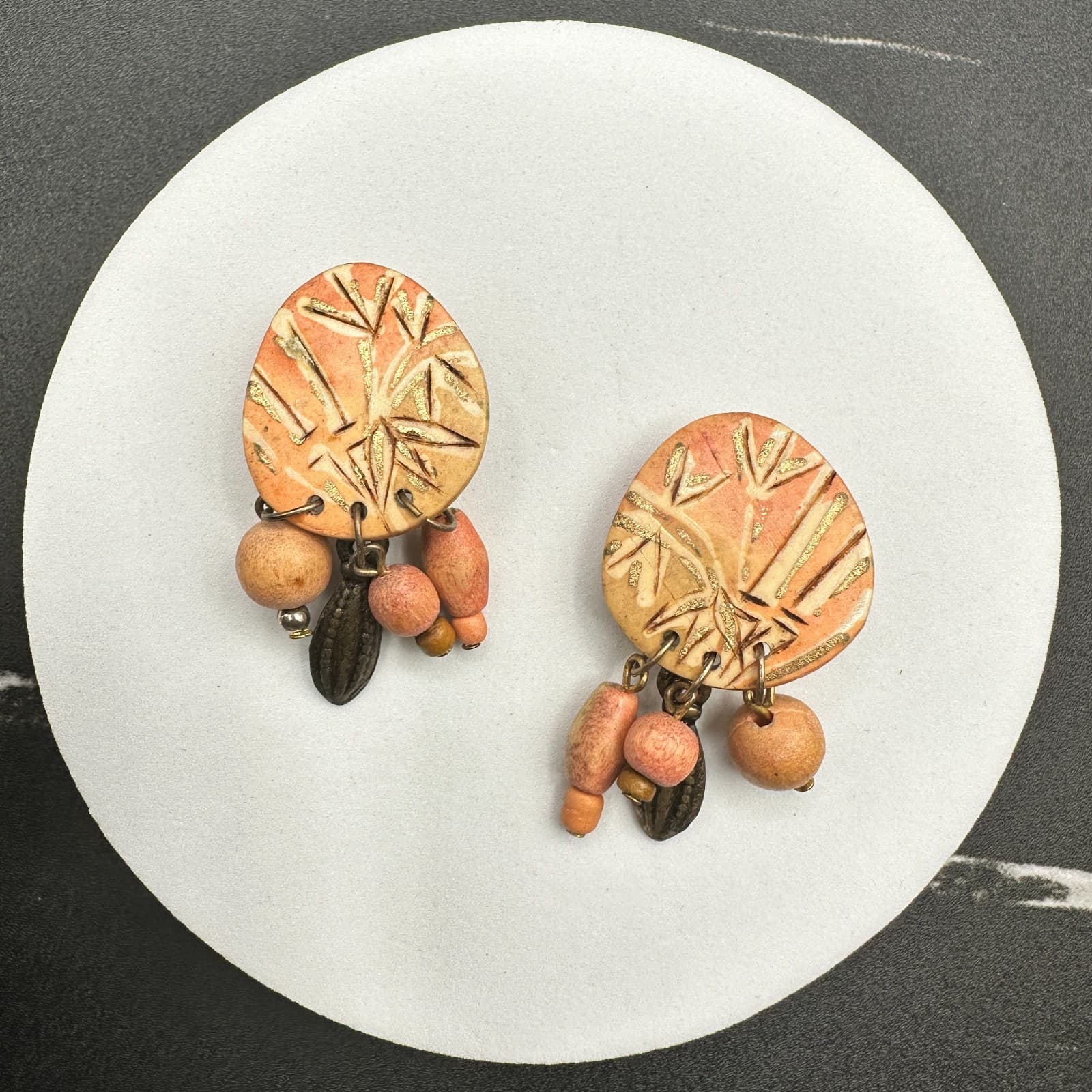 Vintage 90s Dangle Earrings Hand Painted Wooden Beaded Boho Women's Jewelry