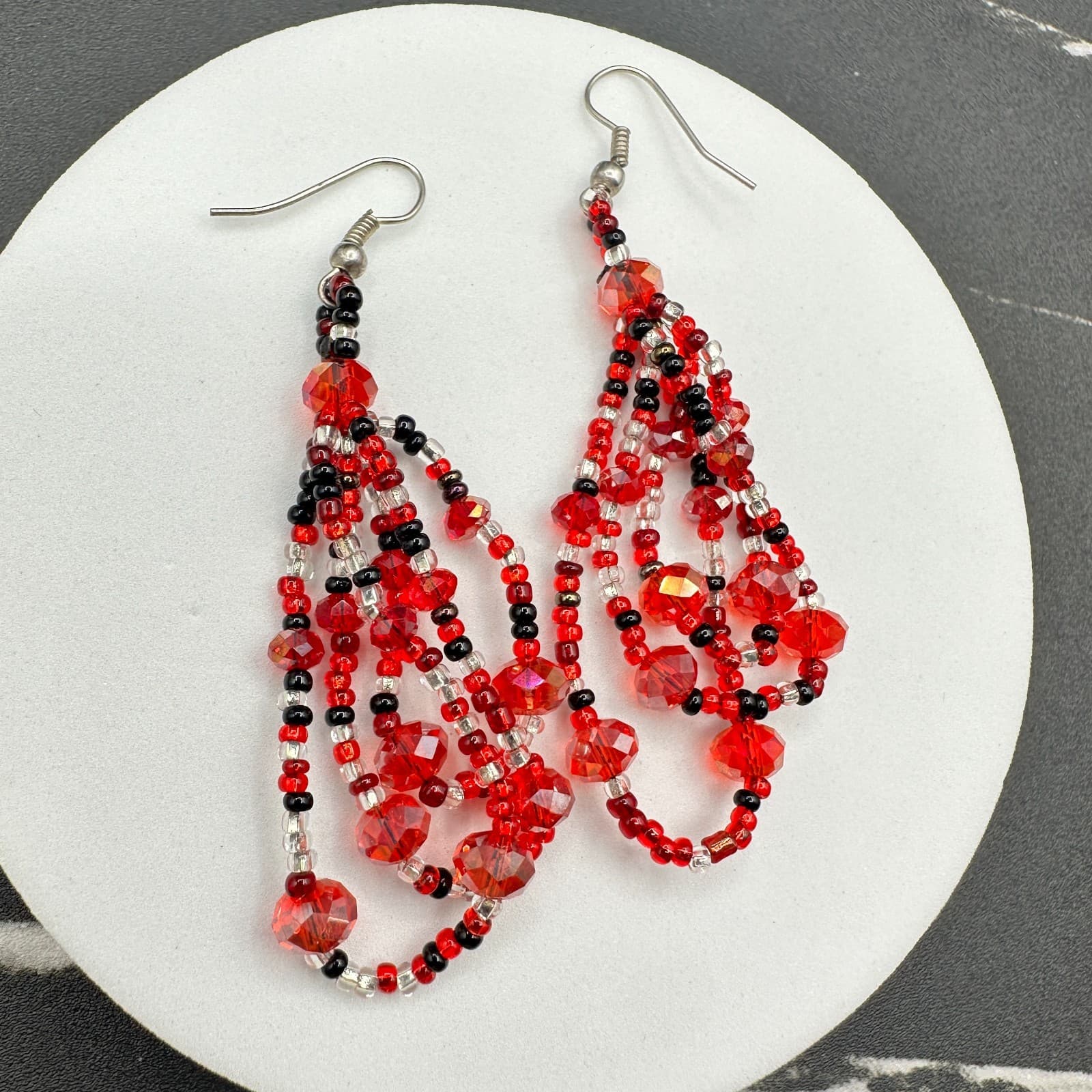 Contemporary Red Plastic Glass Faceted Beaded Dangle Spiral French Wire Earrings