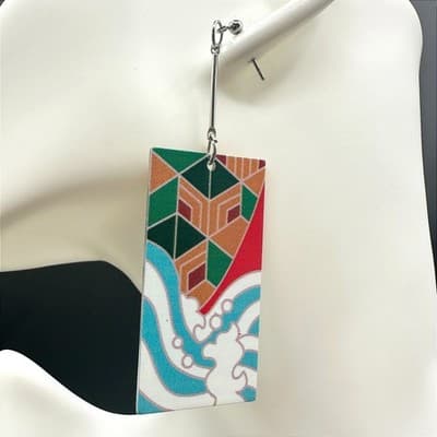 Long Multicolor Marbled Bead Dangle Earrings Blue Purple Drop Statement Hook