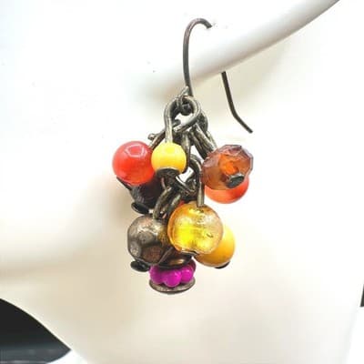 Boho Multicolor Erica Zap Plastic Glass Bead Cluster Dangle Hook Earrings