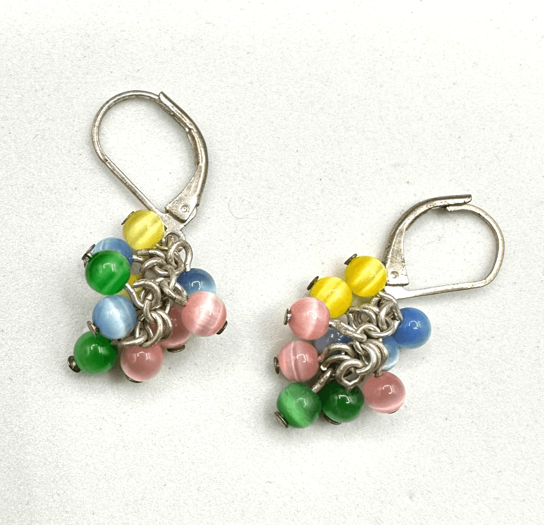 Vintage Women's Silver Tone Multicolor Glass Beaded Beauty Dangle/Drop Earrings