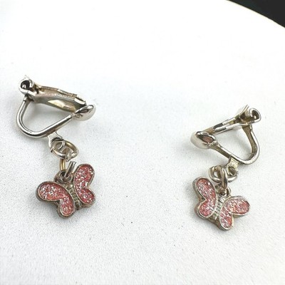 Vintage Women's Silver Tone Red Glitter Butterfly Clip On Beauty Dangle Earrings