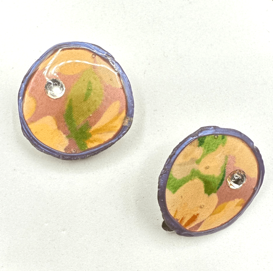 Vintage Handmade Women's Multicolor Tie Dye Floral Fabric Button Stud Earrings