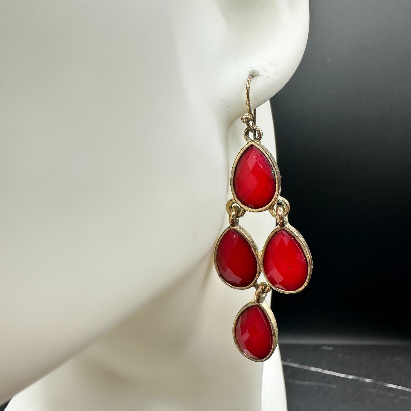 Gold-Tone Faceted Red Glass Stone Teardrop Dangle Drop Chandelier Earrings