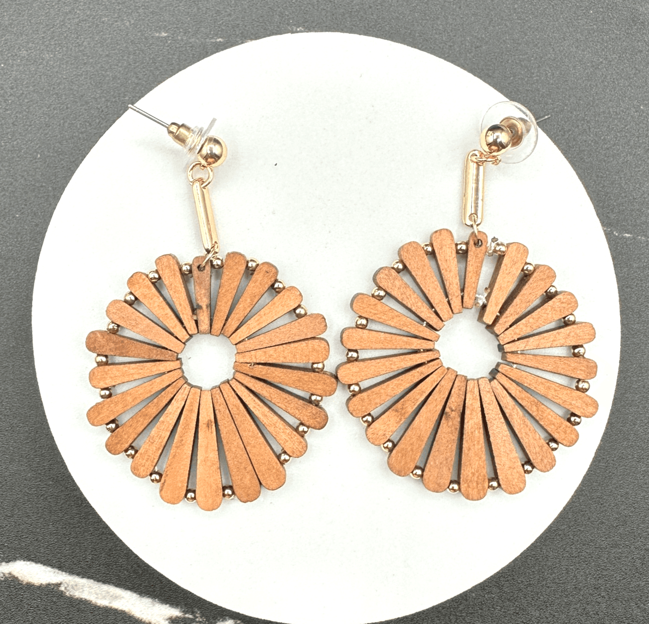 Vintage Handmade Women's Brown Wooden Windmill Dangle/Drop Earrings