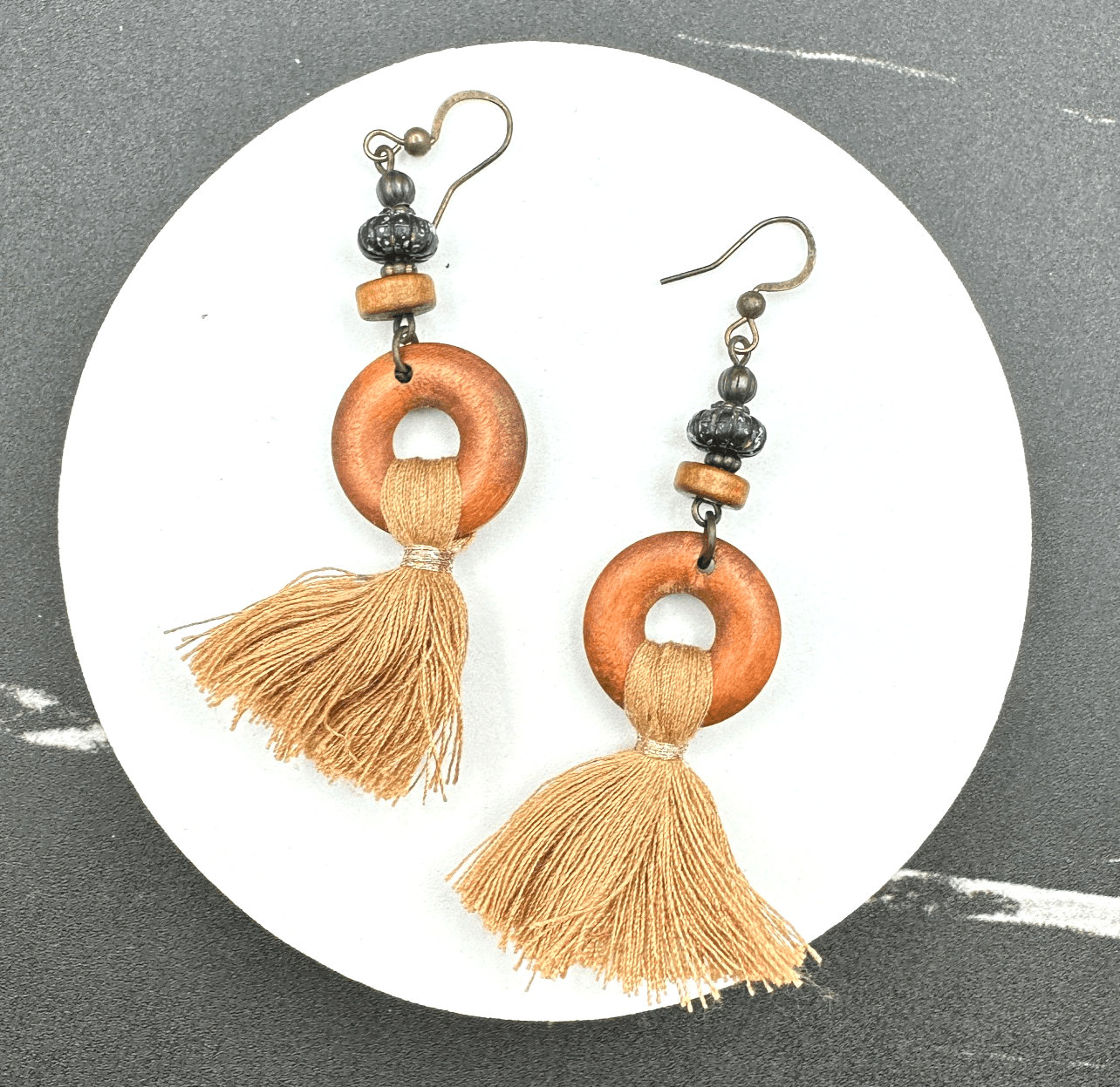 Vintage Handmade Women's Brown Tribal Wood Boho Tassel Dangle/Drop Earrings