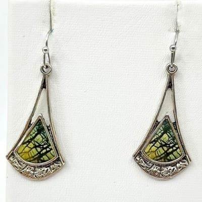 Vintage Silver Tone Spiderweb Jasper Inlay Geometric Fan Drop Earrings Boho Y2K