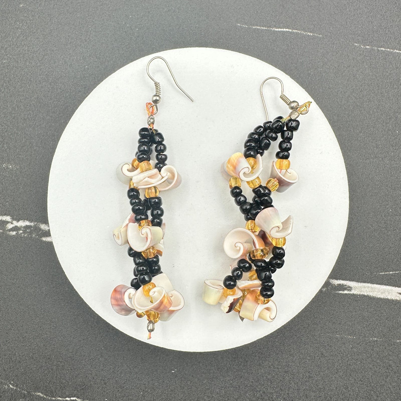 Vintage Boho Shell Dangle Earrings Black Seed Beads Gold Tone Hook Ocean Beach
