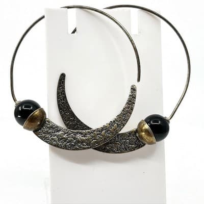 VTG 925 Sterling Silver Hammered Crescent Moon Onyx Hoop Earrings India Tribal
