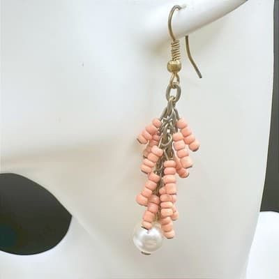 Vintage Handmade Women's Pink Beaded Long Hanging Fashion Dangle Earrings