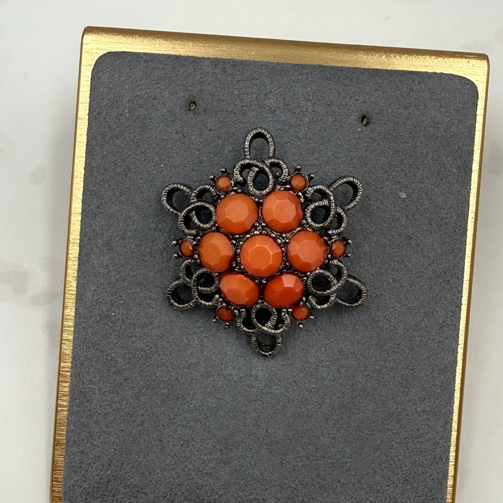 Vintage Orange Elaborate Coral Rhinestones Silver-Toned Curved Flower Shaped
