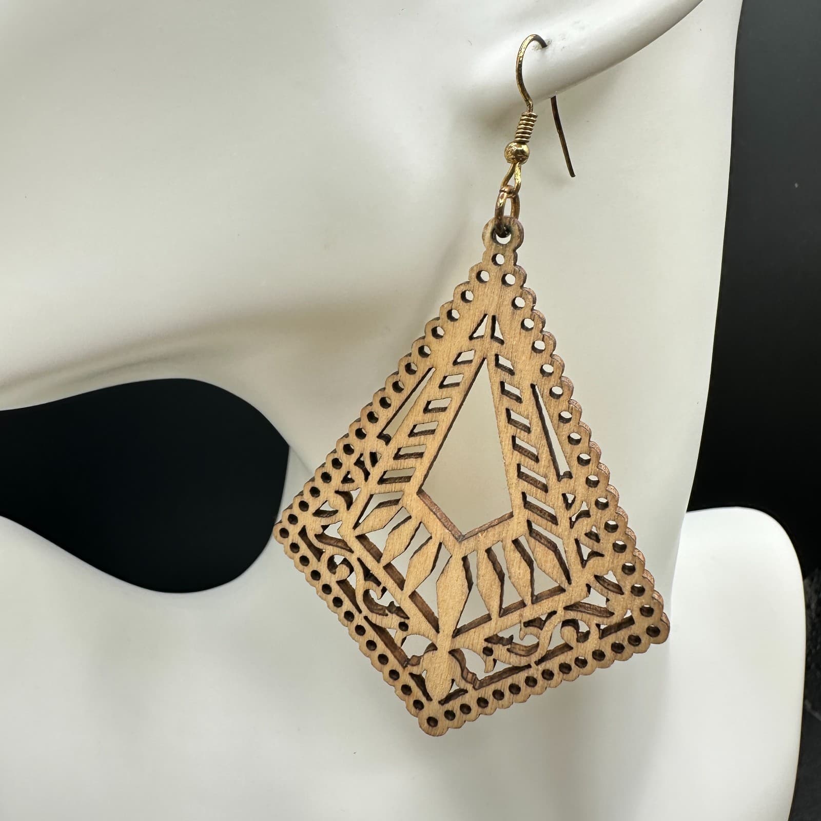 Beige Bohemian Classic Mandala Rhombus Laser-Cut Wood Dangle Hook Earrings