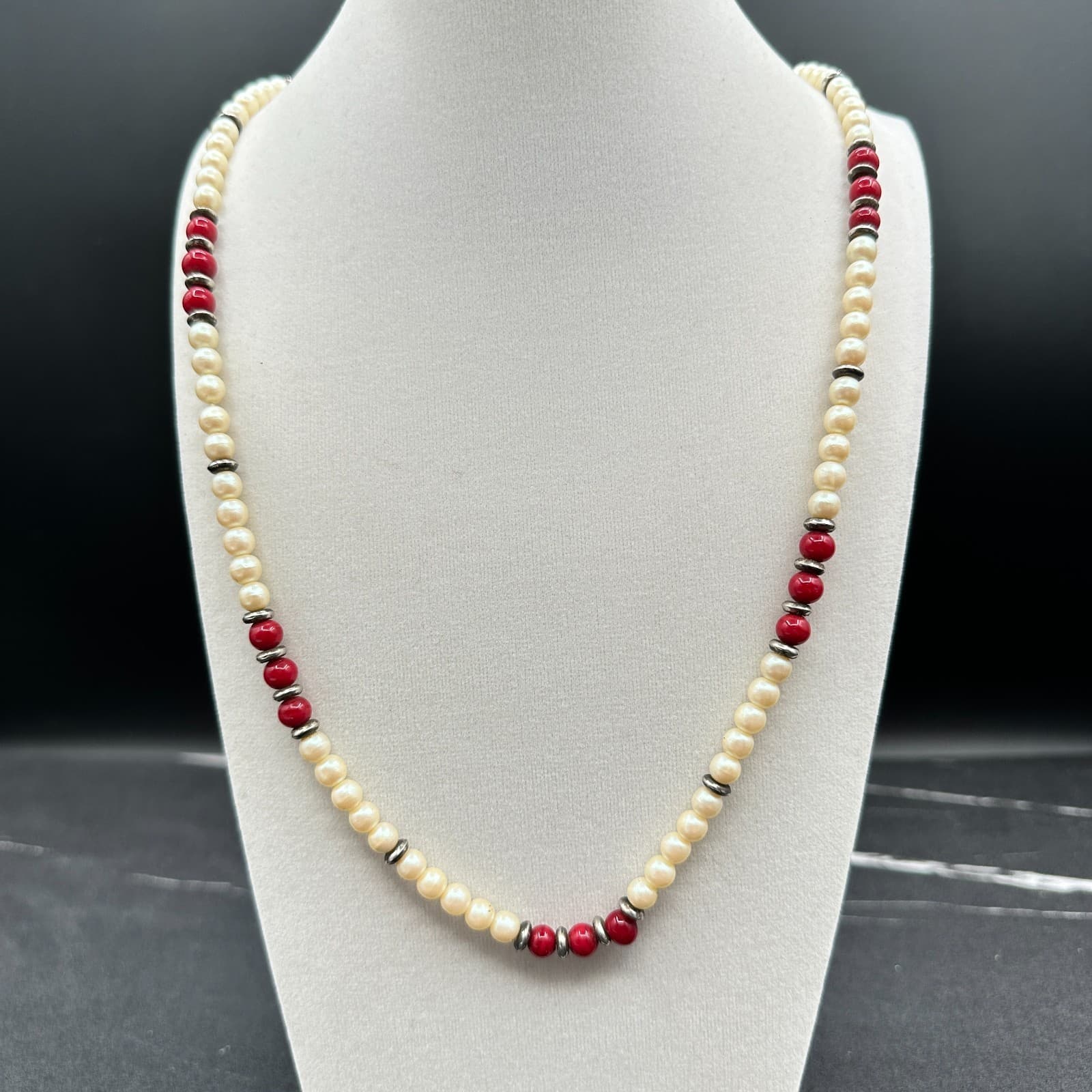 Vintage Faux Pearl Red Glass Bead Necklace Silver Spacer 16" Long Flapper Style