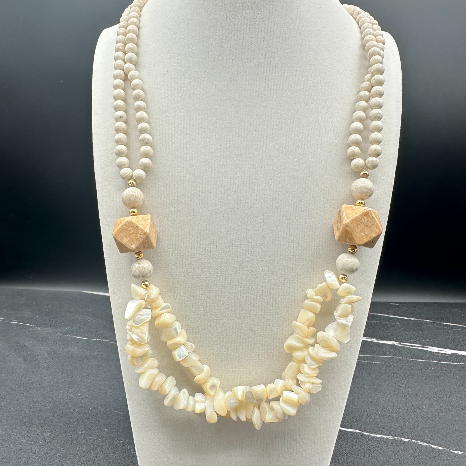 Vintage Mother Pearl Chip Necklace Wood Stone Bead Choker Dual Strand Beige Tan