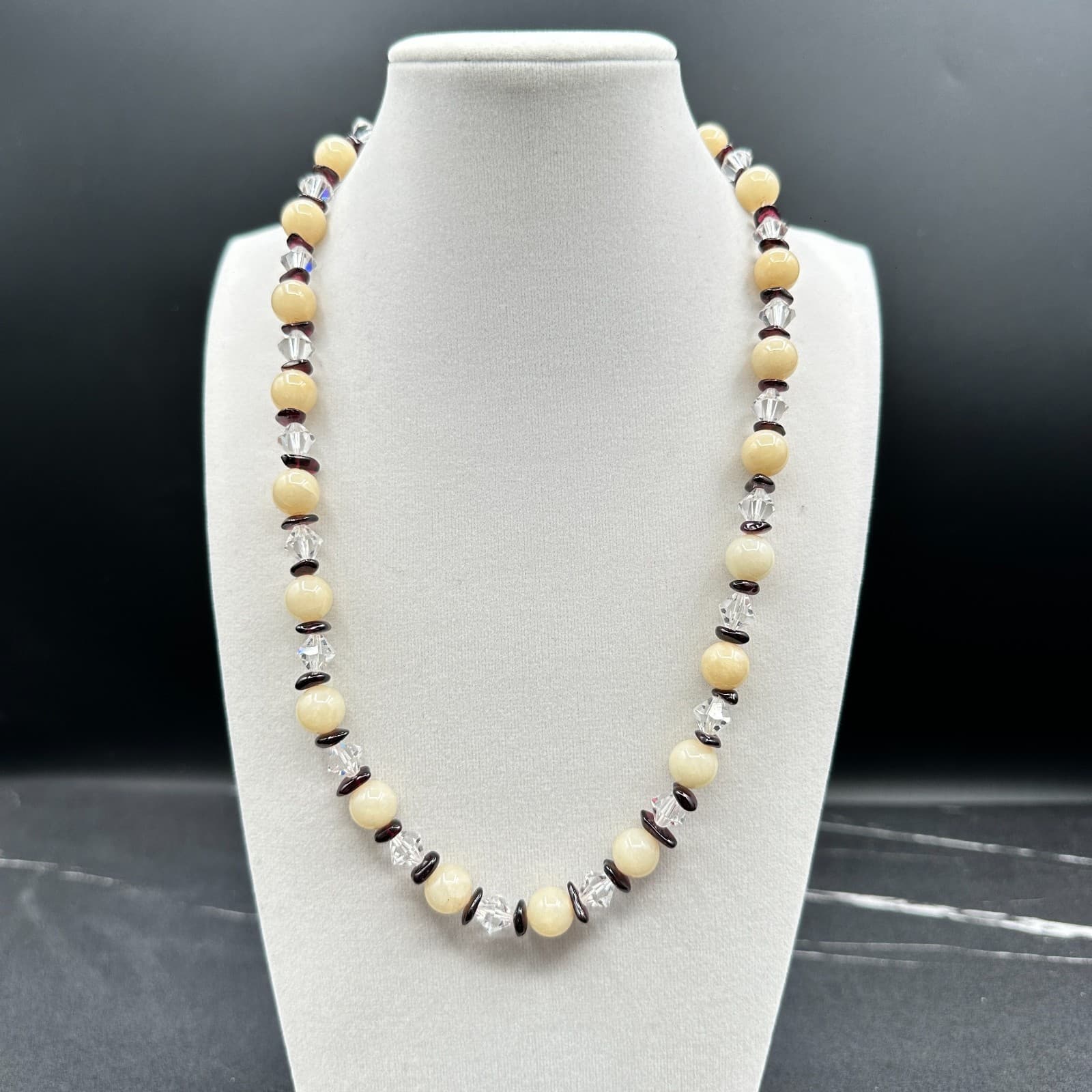 VTG Cream Stone Bead Necklace Clear Crystal Burgundy Spacer 19" Choker Jewelry