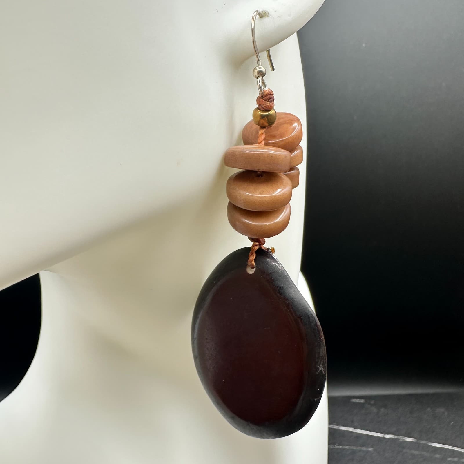 Contemporary Brown Bohemian Classic Cord Rustic Beaded Dangle Fish Hook Earrings