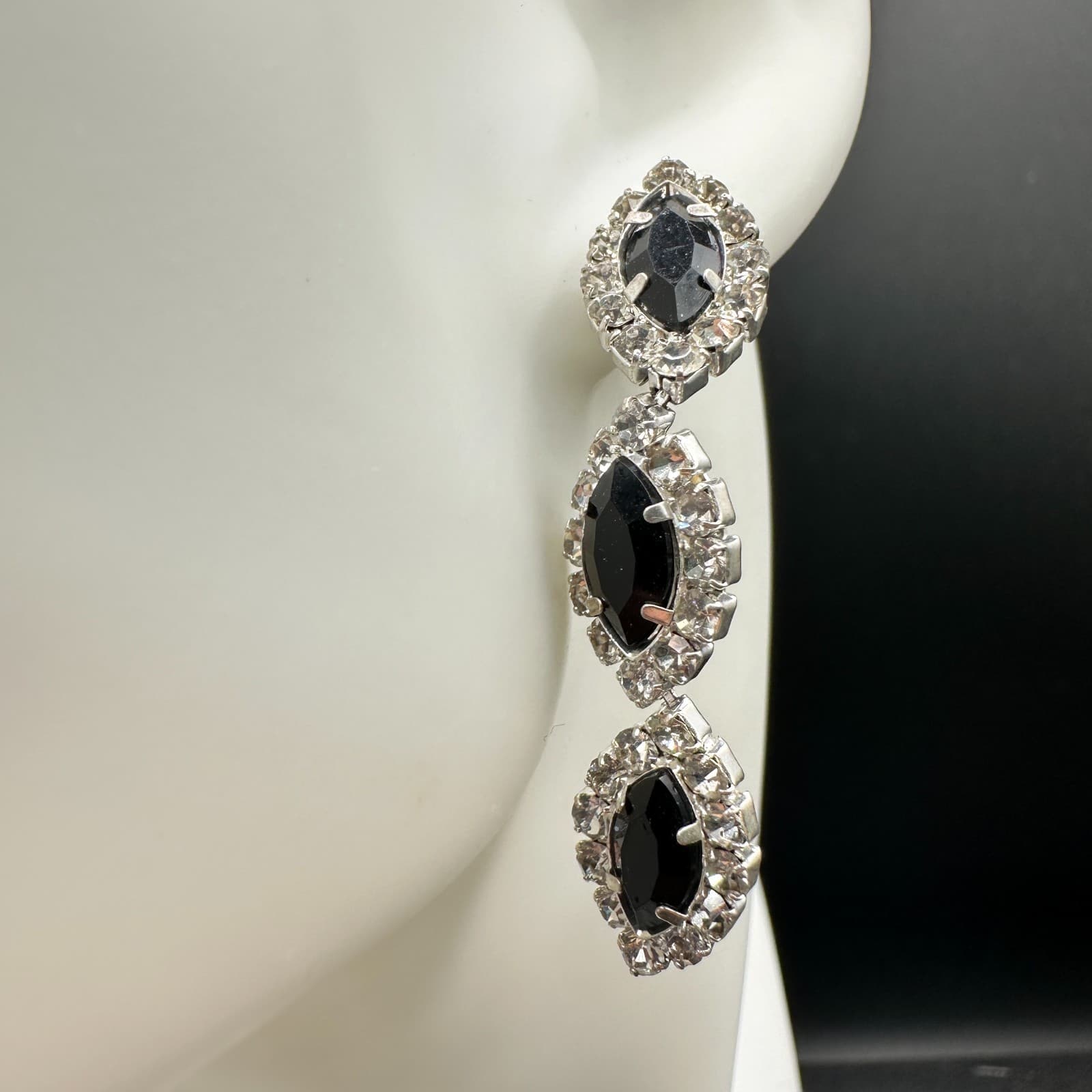 VTG Black Rhinestone Triple Drop Statement Earrings Women Silver Tone Jewelry