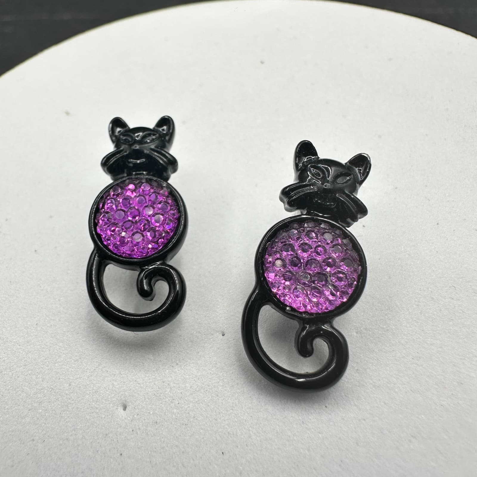 Vintage Black & Purple Rhinestone Cat Earrings Whimsical Halloween Style