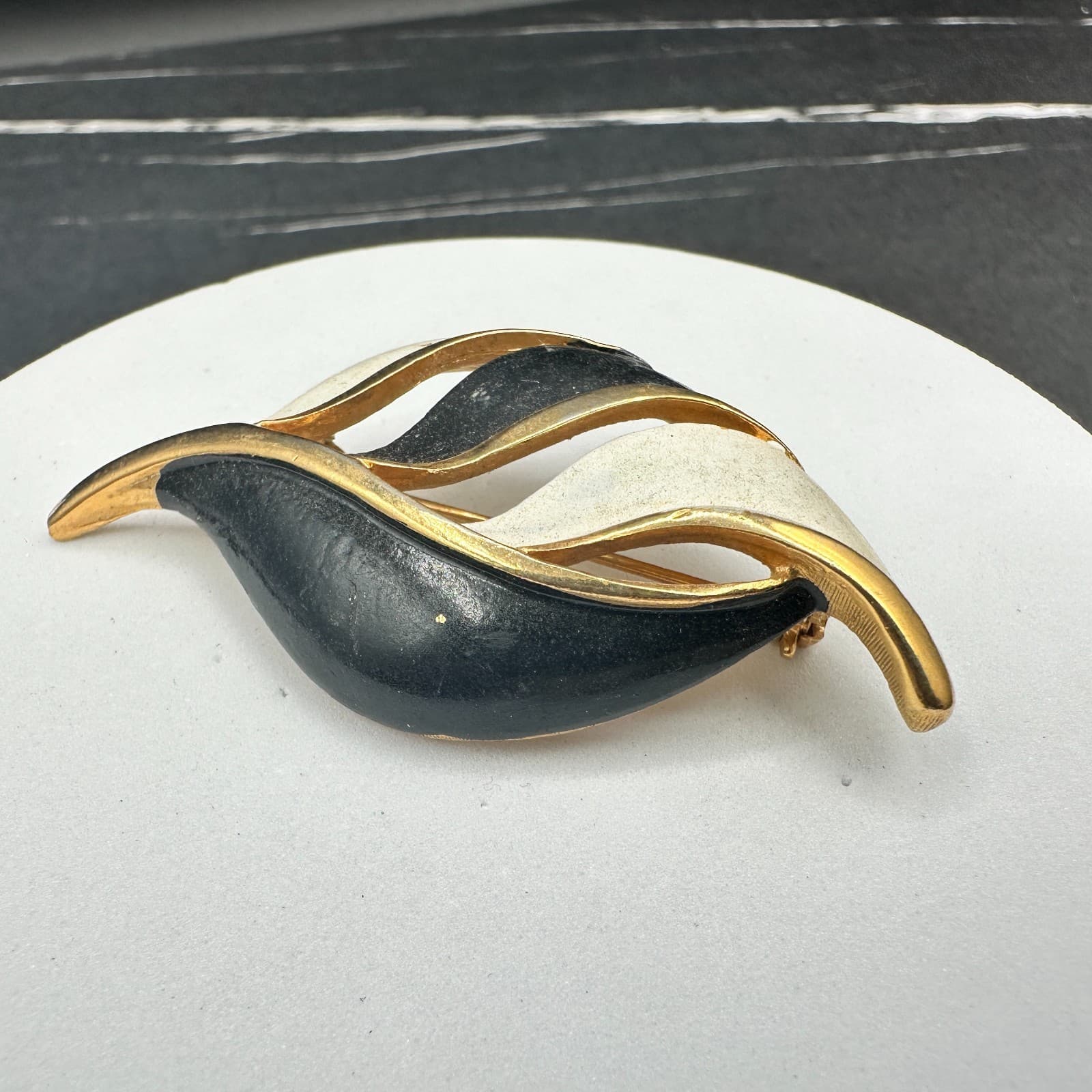 Gold Tone Black & White Enamel Leaf Brooch Vintage Style 80s Art Deco