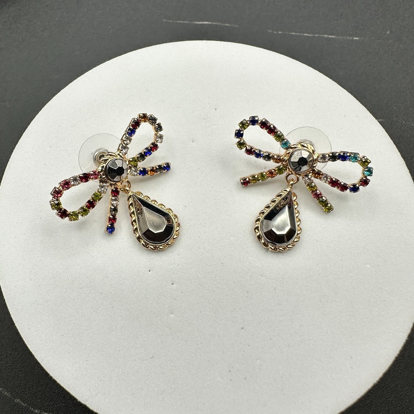 Gold Tone Bow Earrings Rainbow Rhinestones & Black Teardrop Y2K Glam