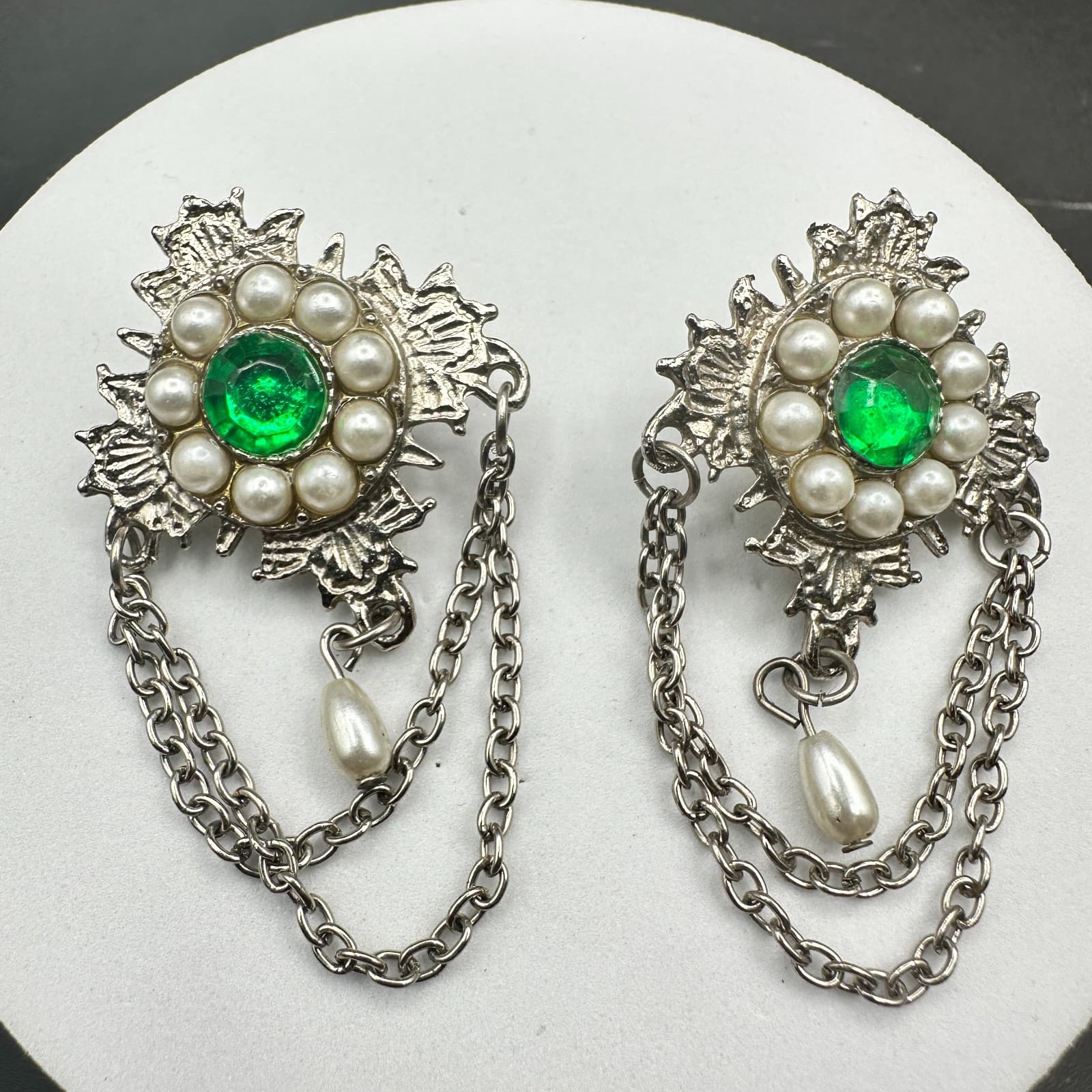 Vintage Pearl & Emerald-Colored Chain Drop Earrings Baroque Regal Statement