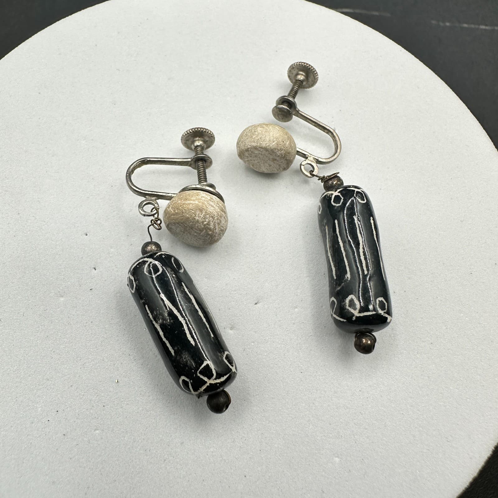 Vintage Black & Clay Bead Screw-Back Earrings Boho Minimalist