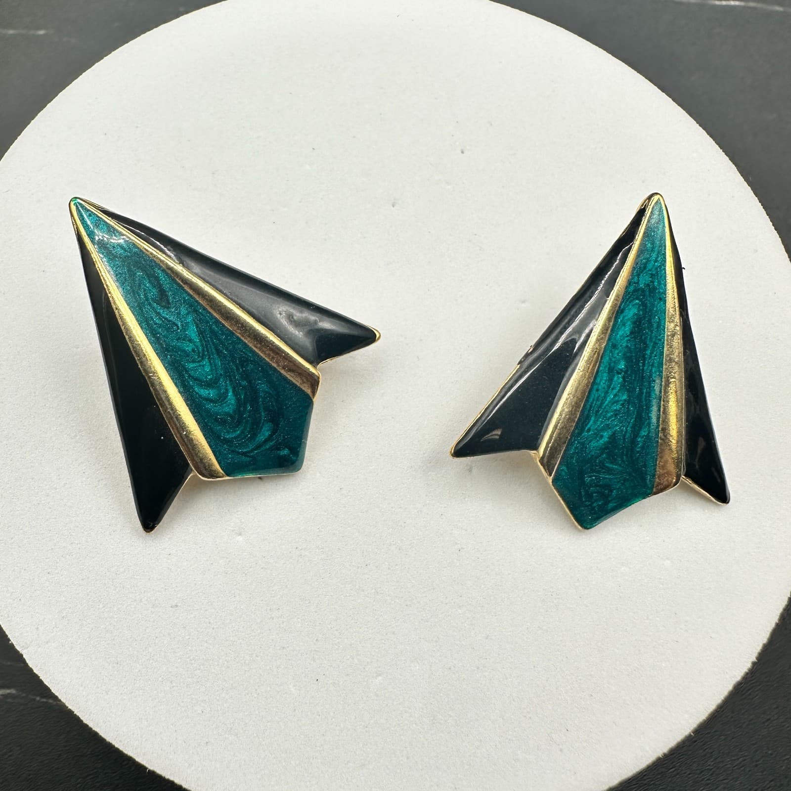 Vintage Teal & Black Geometric Enamel Earrings Gold Accents 80s Art Deco