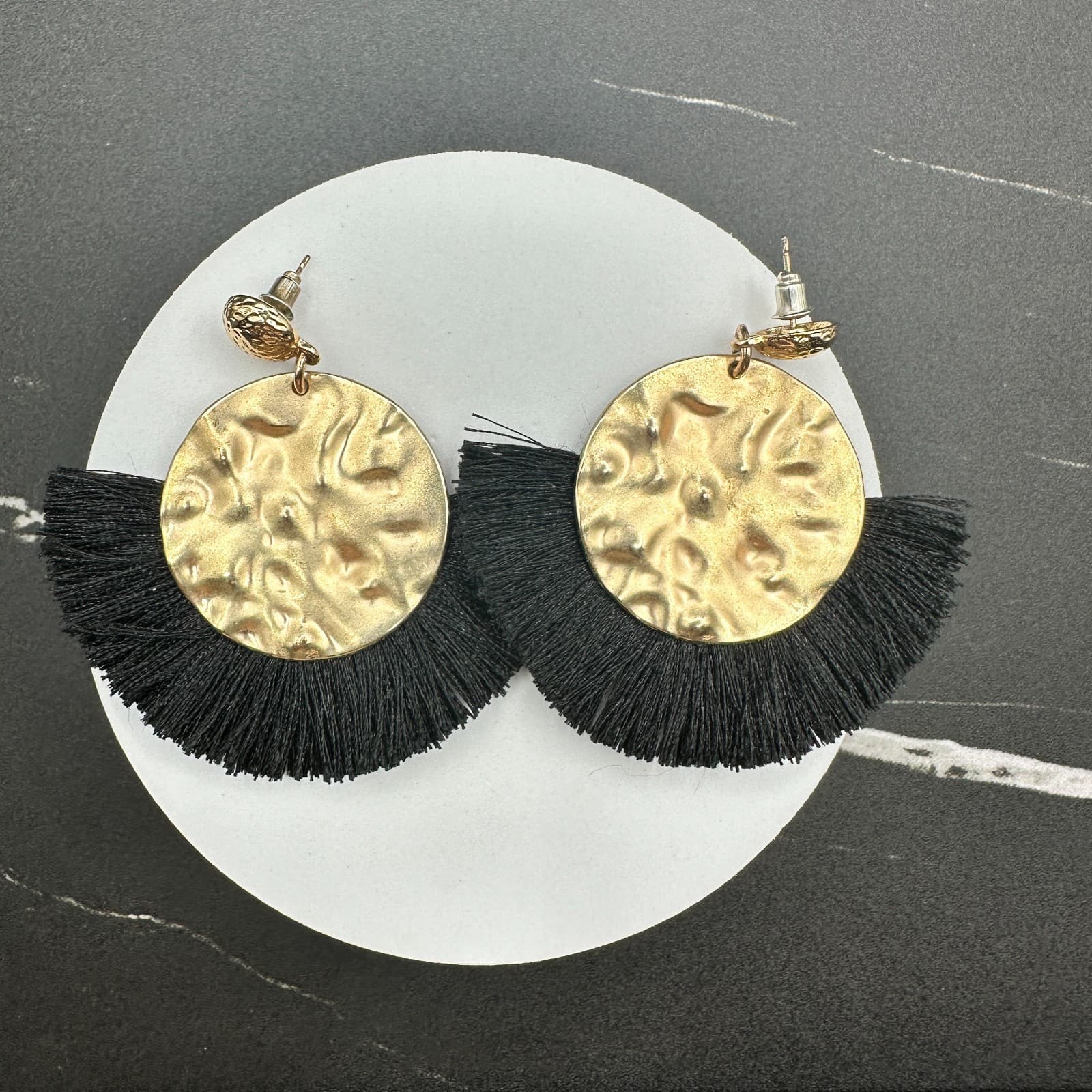 Gold Tone Hammered Disc & Black Fringe Statement Earrings Boho Chic